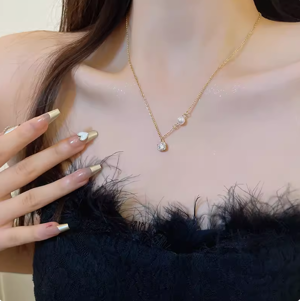 Ins-style Square Cubic Zirconia Pearl Necklace