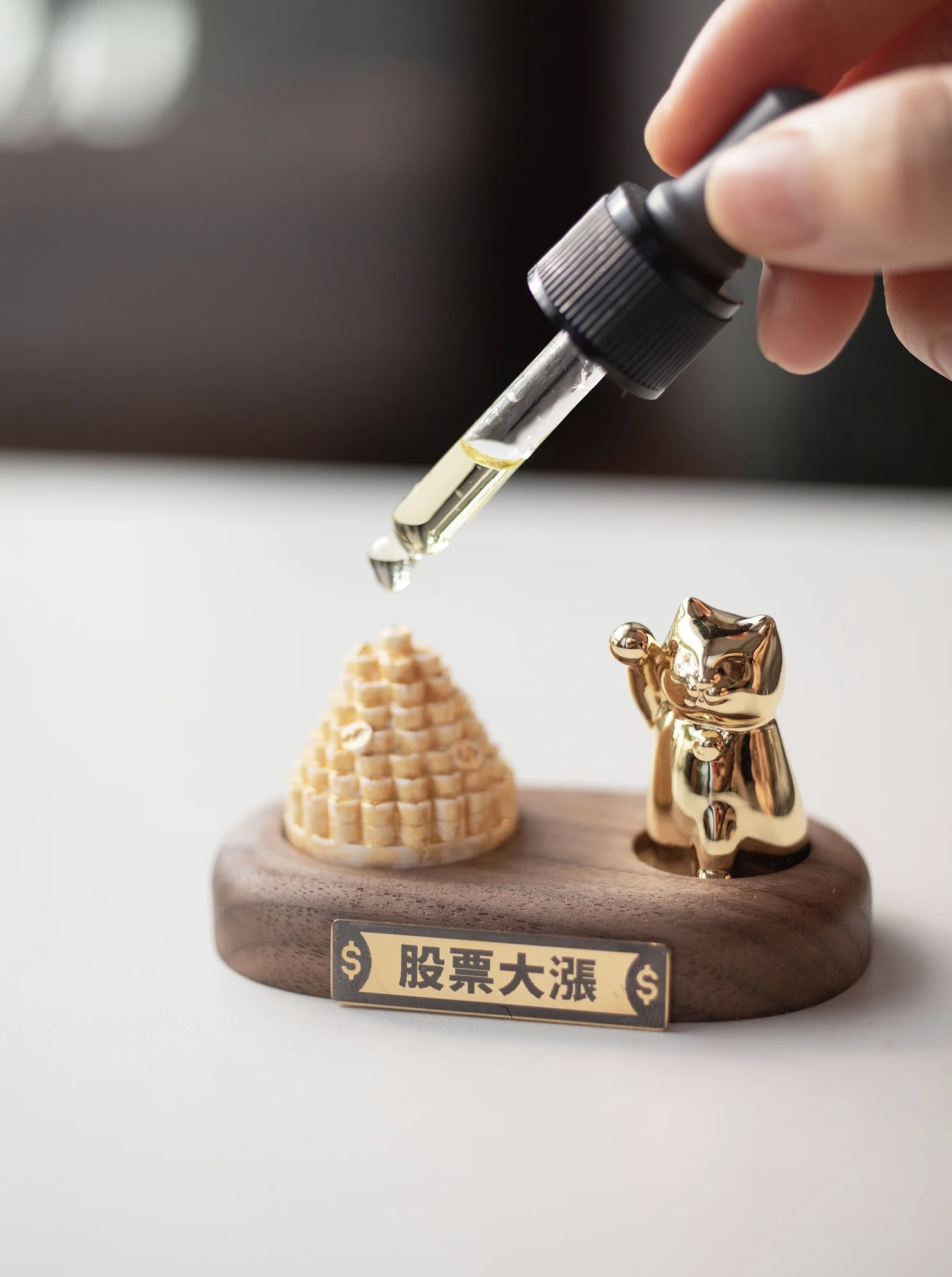 呼運貓 - 幼貓香氛組（附胡桃木底座、168錢幣擴香石及招財精油）