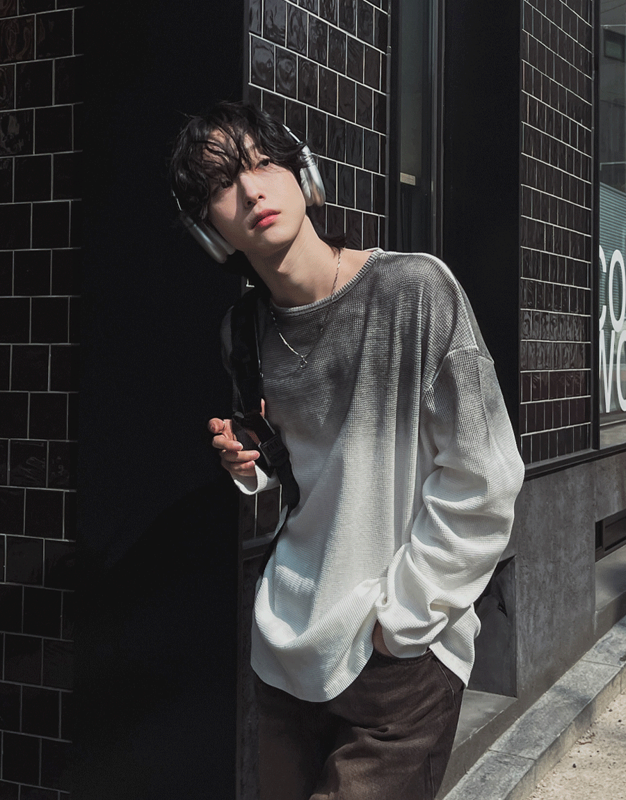 噴霧雙色華夫格長袖T恤