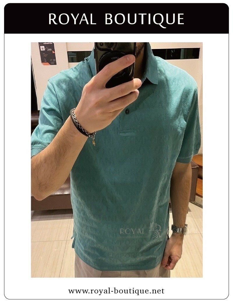 Emporio Armani 針織滿版浮雕立體LOGO寬版短POLO衫