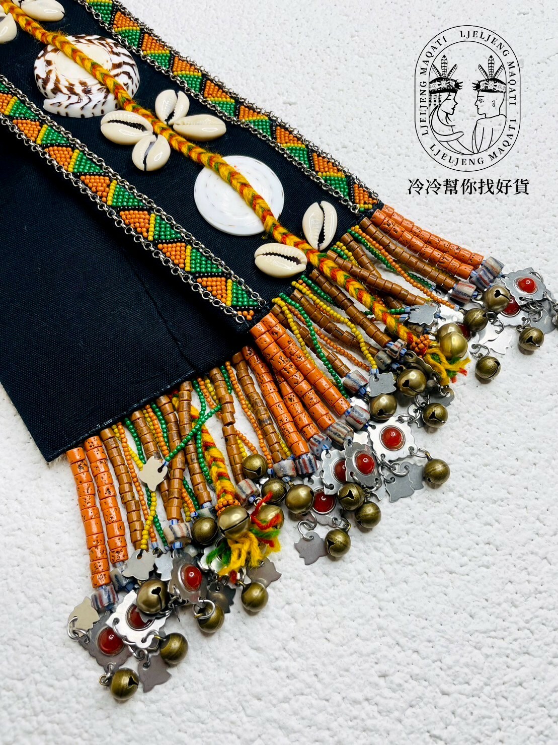 No.4黑色老布老繡珠圓貝肩背帶10*198cm