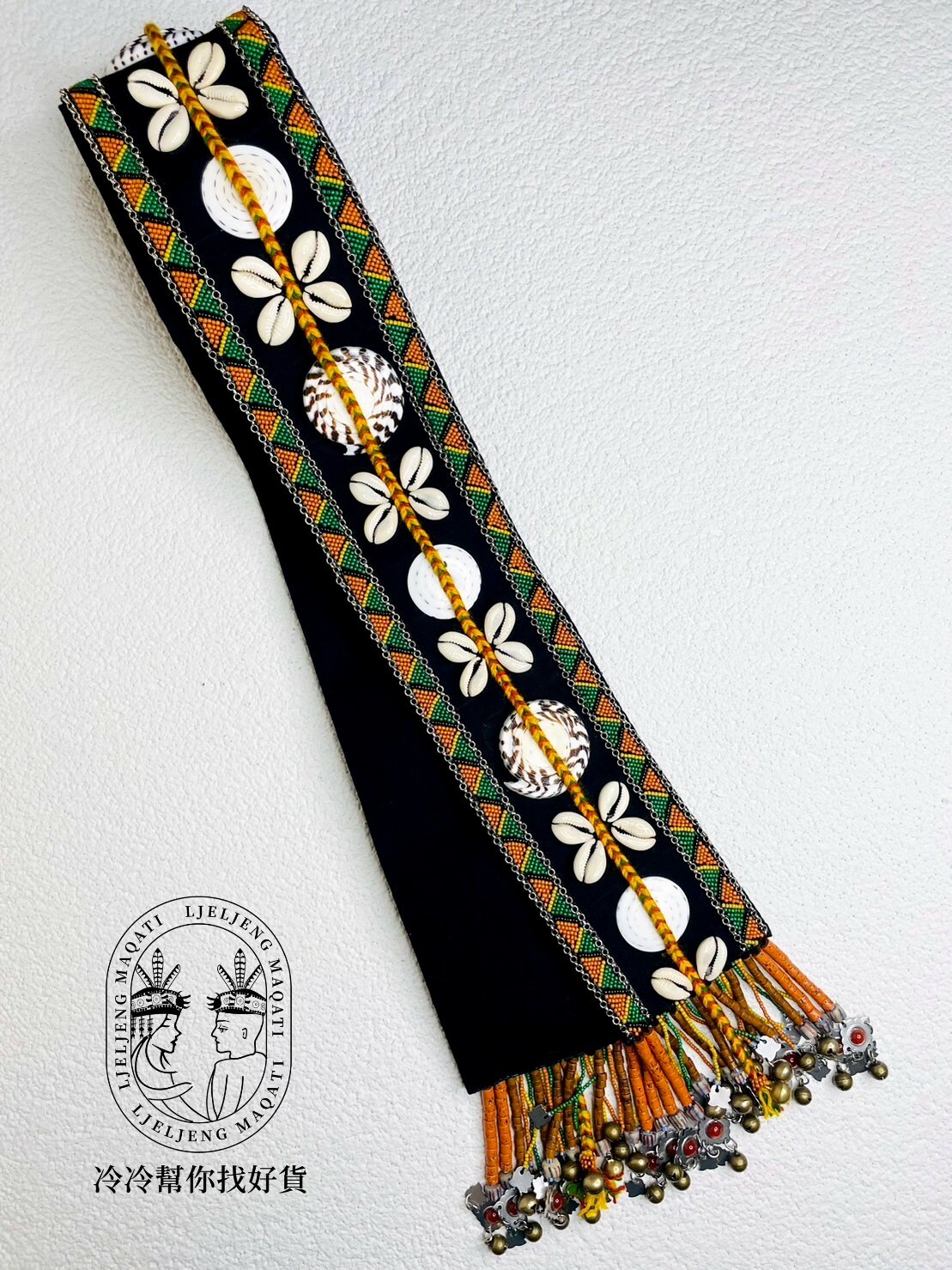 No.4黑色老布老繡珠圓貝肩背帶10*198cm