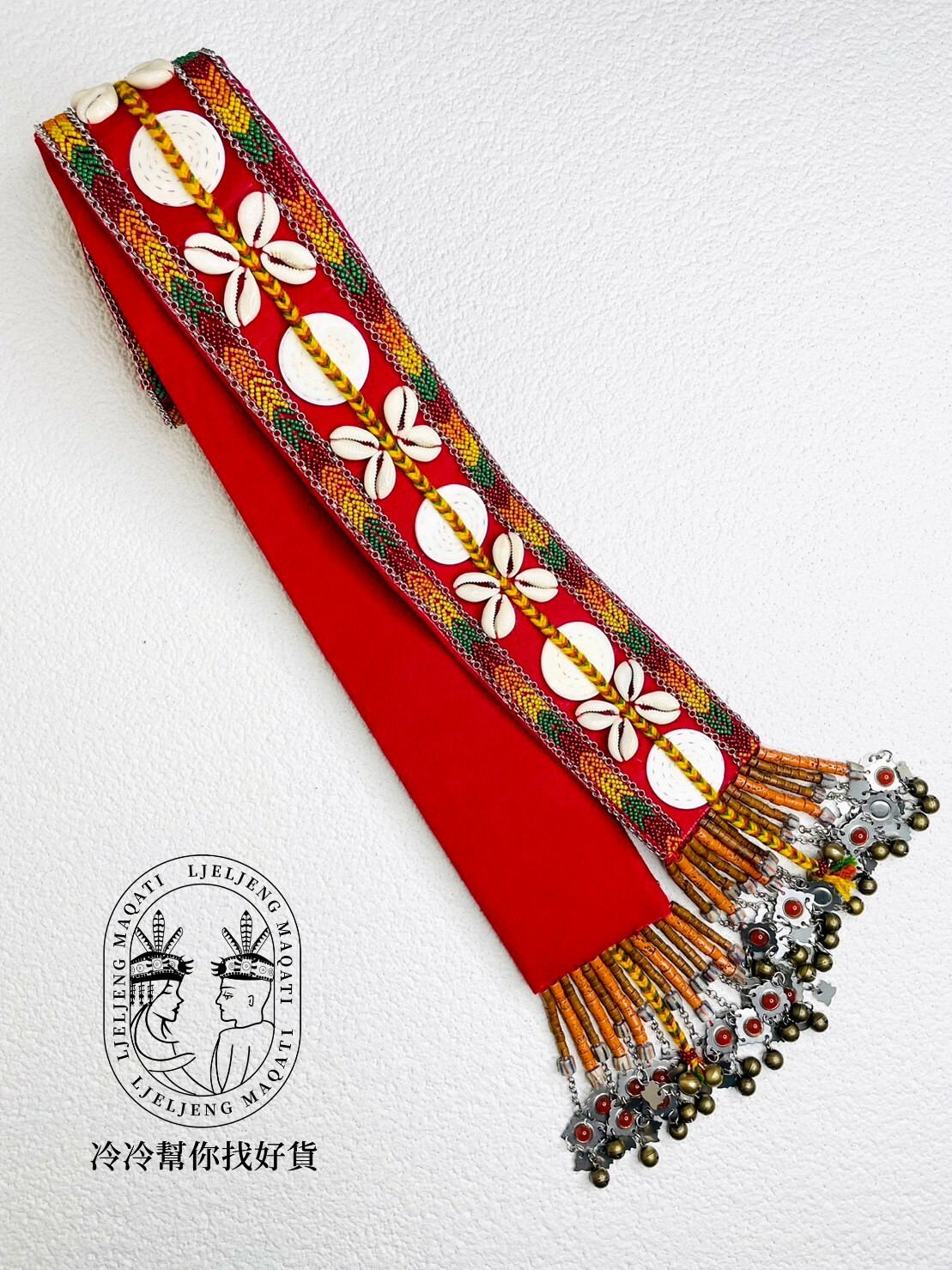 No.5紅色老布老繡珠貝殼花肩背帶8*191cm