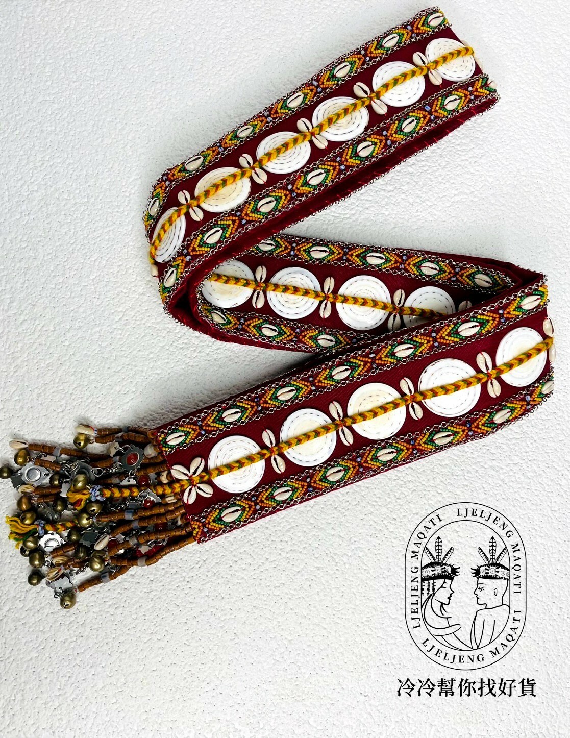 No.3紅色老布老繡珠拋光圓貝肩背帶8.5*185cm