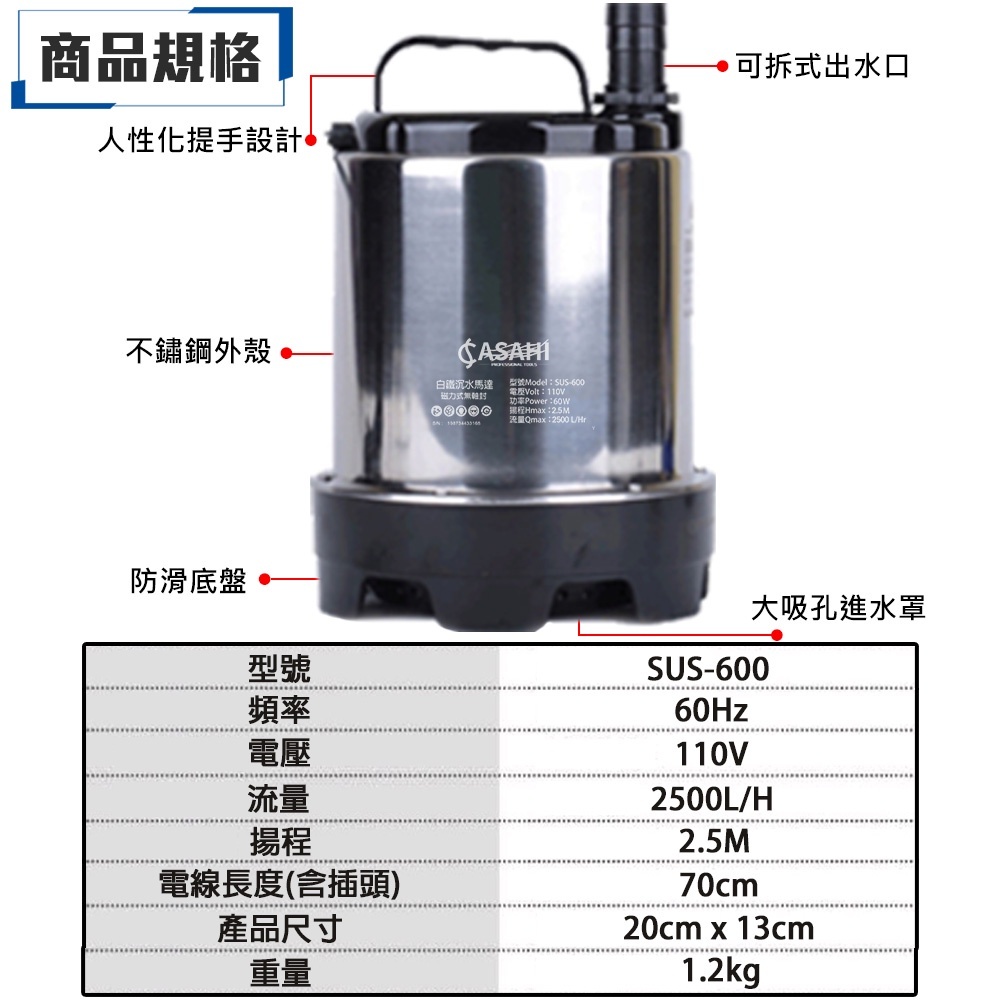 附發票｜SUS-600 不鏽鋼沉水馬達｜磁力式無軸封 抽水馬達 白鐵沉水幫浦 泵浦抽水機 園藝造景噴泉水