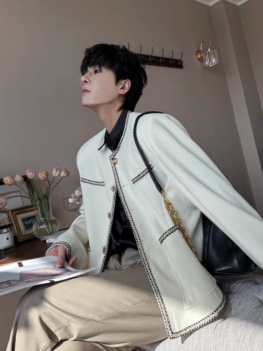 帶子口袋線條粗花呢夾克