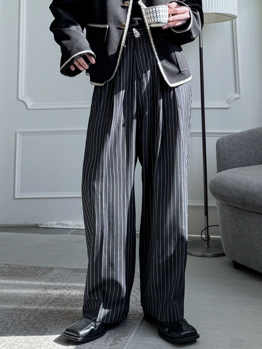 條紋寬鬆細褶西裝褲