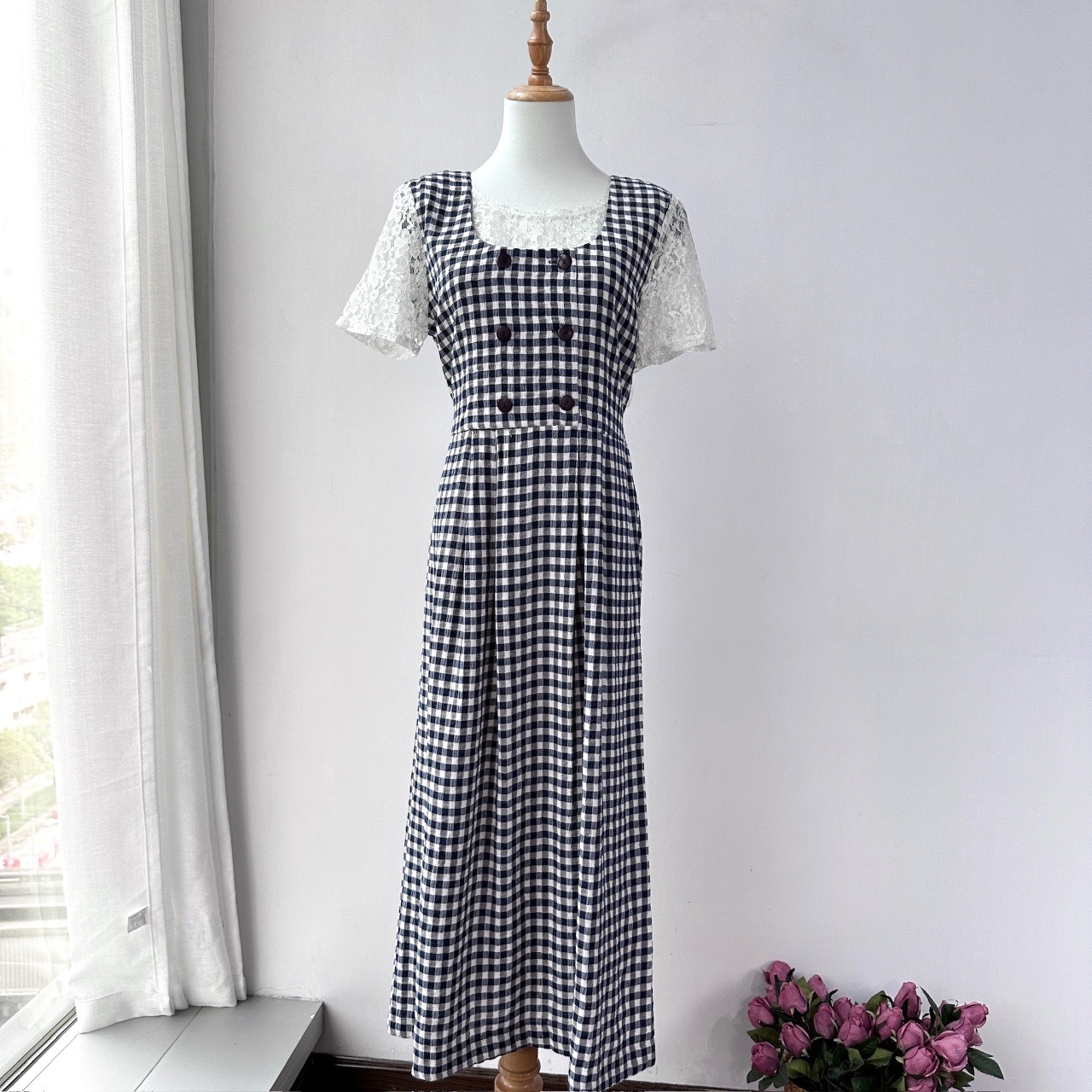 K.C.Spencer藍白格紋假兩件古著連身裙