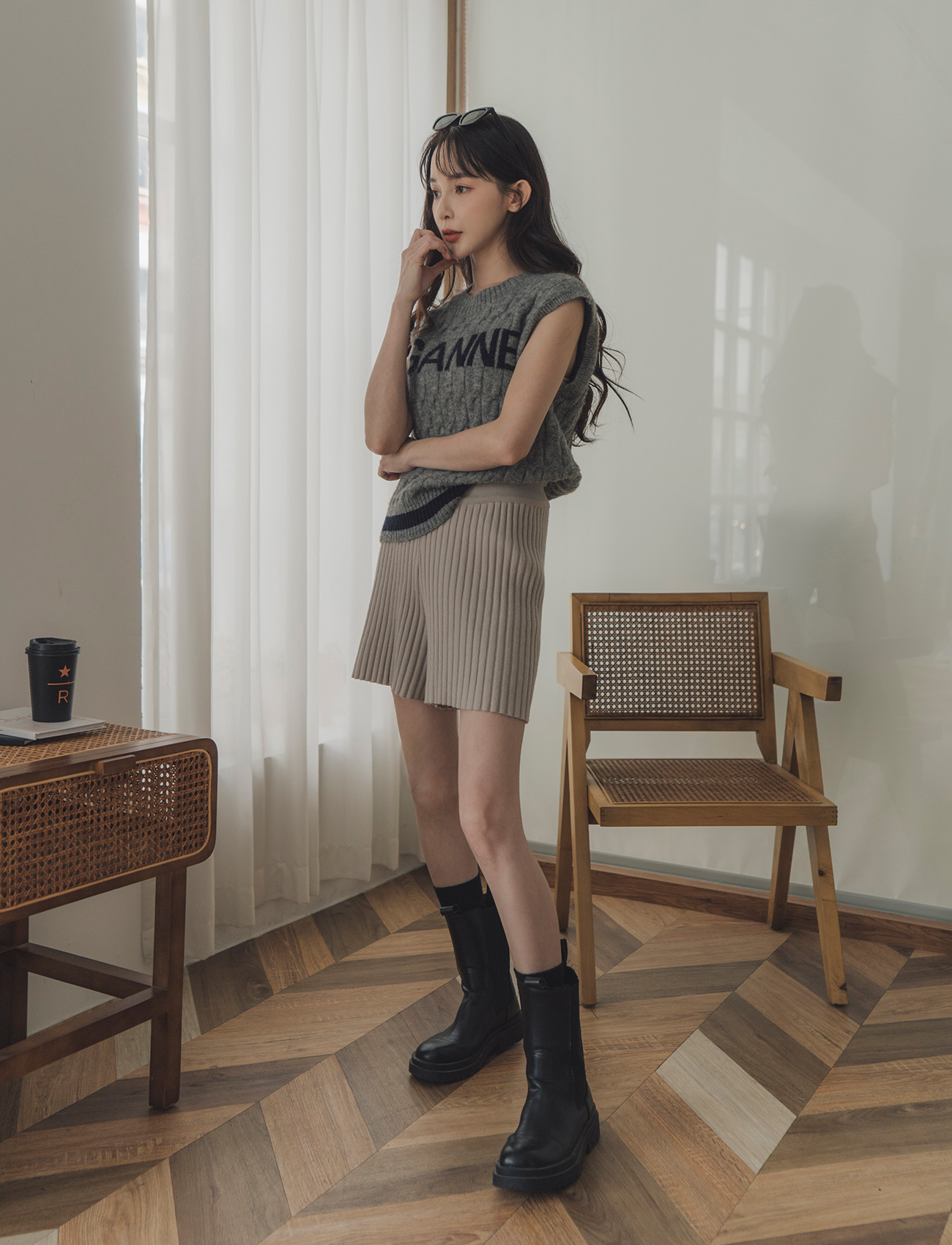 舒適坑條針織短褲