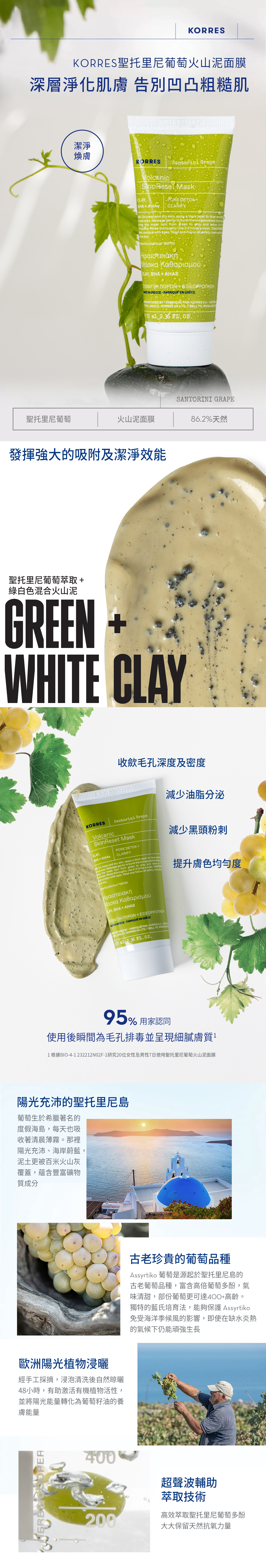 溫和的火山泥活性碳面膜，蘊含高效淨化的天然活性成分，針對收歛毛孔及去除肌膚多餘油脂具極大功效。持續使用能達至煥膚效果，締造光滑亮麗的膚質。   主要成分: • 聖托里尼葡萄萃取物: 豐富葡萄多酚及單寧酸成分，能夠收歛毛孔而不致乾燥，活化肌膚的年輕能量。 •  植物水楊酸及果酸: 有效去除多餘角質及促進皮膚代謝，收歛毛孔並淡化細紋，改善肌膚粗糙地方，重現肌膚原有光澤及平滑度。不會造成脫皮。 • 火山泥混合物 (綠泥+白泥): 混合2款火山泥以發揮最大的吸附及潔淨效能。 • 海洋水: 富含礦物質成分，幫助肌膚重拾活力，呈現煥然一新感覺。  臨床證實，使用1次後即時測量到的改善*: •減少多餘油脂分泌 •收細毛孔密度及深度 •減低黑頭粉刺可見度 •提升膚色均勻度  適用肌膚: 中性/混合性/油性肌膚  ✦86.2% 天然成分 ✦通過皮膚科及防粉刺測試  ✦無動物測試。適合素食主義者/純素食者使用  *根據BIO-4-1 232212NO2F-1研究20位女性及男性7日使用聖托里尼葡萄火山泥面膜測試結果