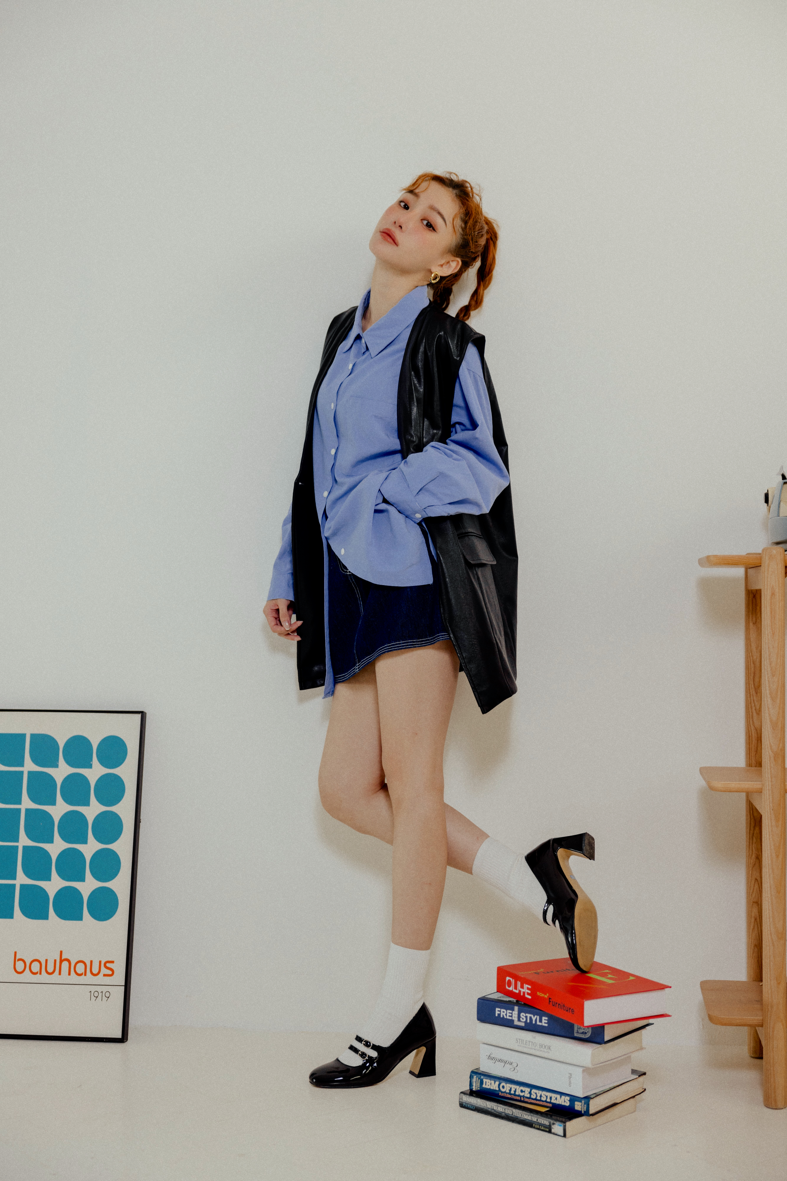 oversize寬版設計襯衫（藍色）