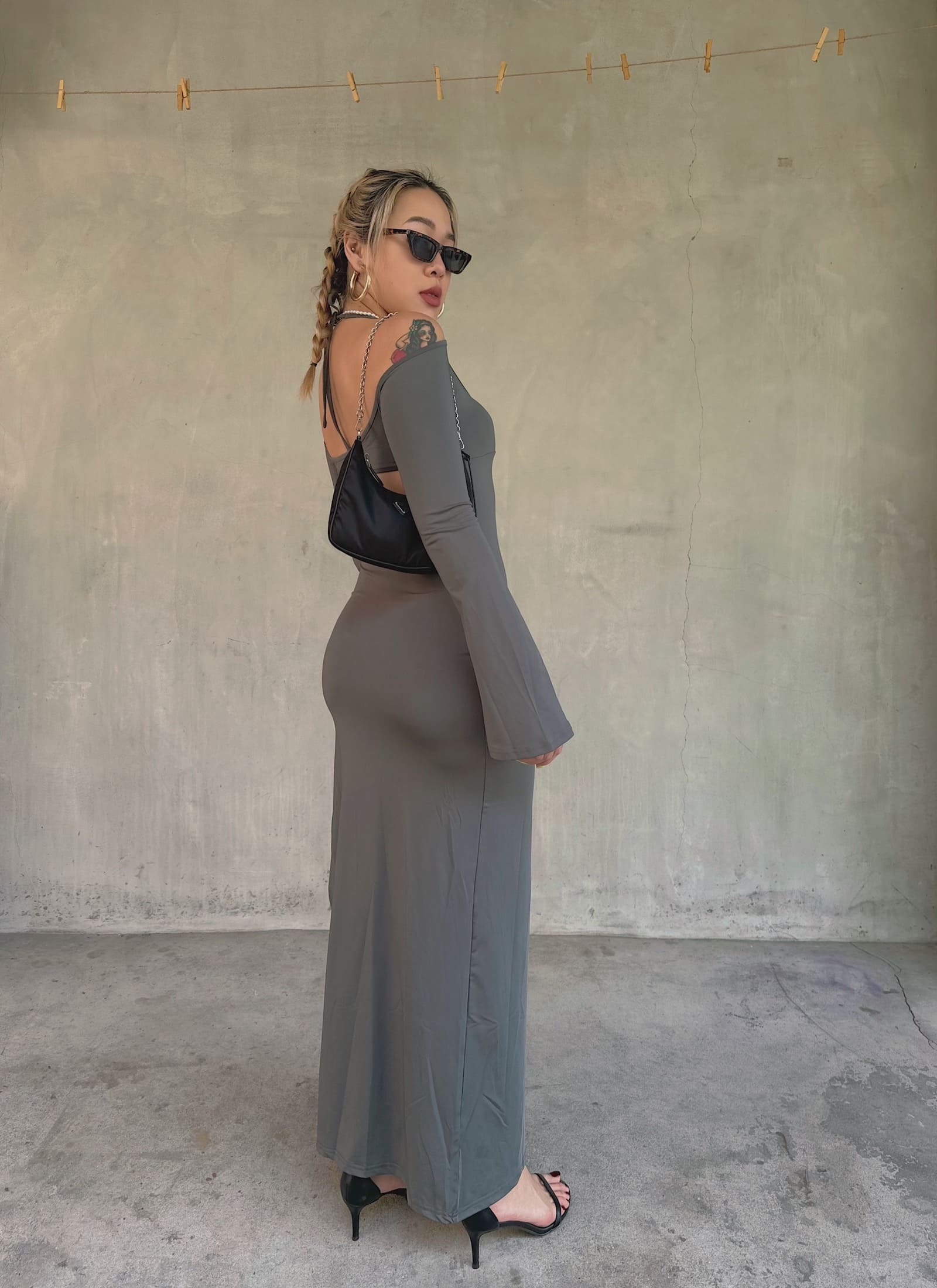 高級優雅🤍淺灰綁帶美背洋裝