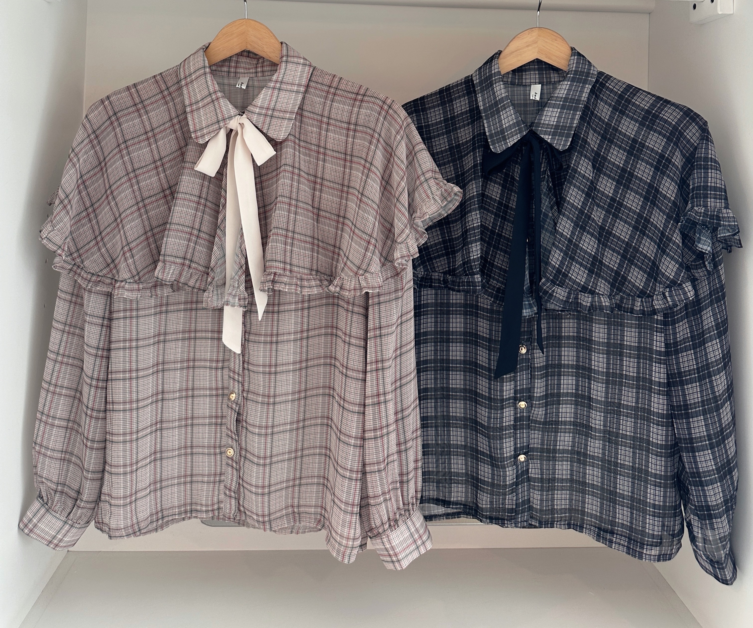 KOREA FRILLS CHIFFON CHECKED BLOUSE