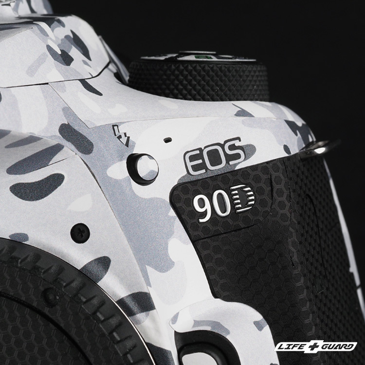 Canon EOS 90D 貼膜質感特寫，LIFE+GUARD 設計風格