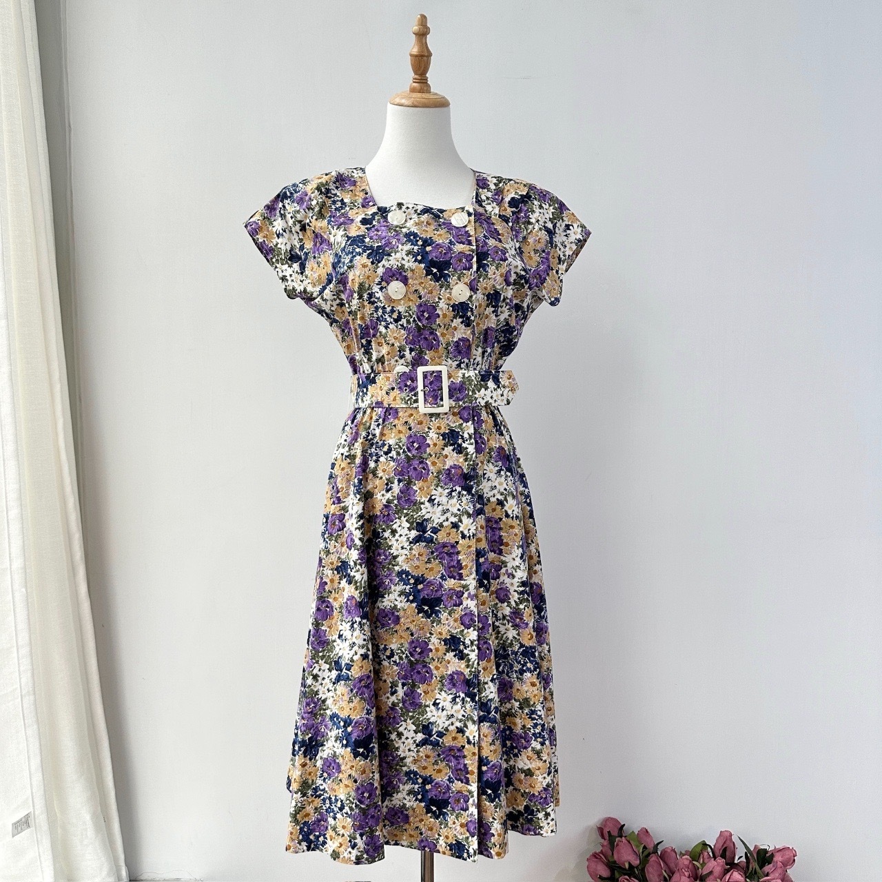 日本製紫色綿質大花古著連身裙