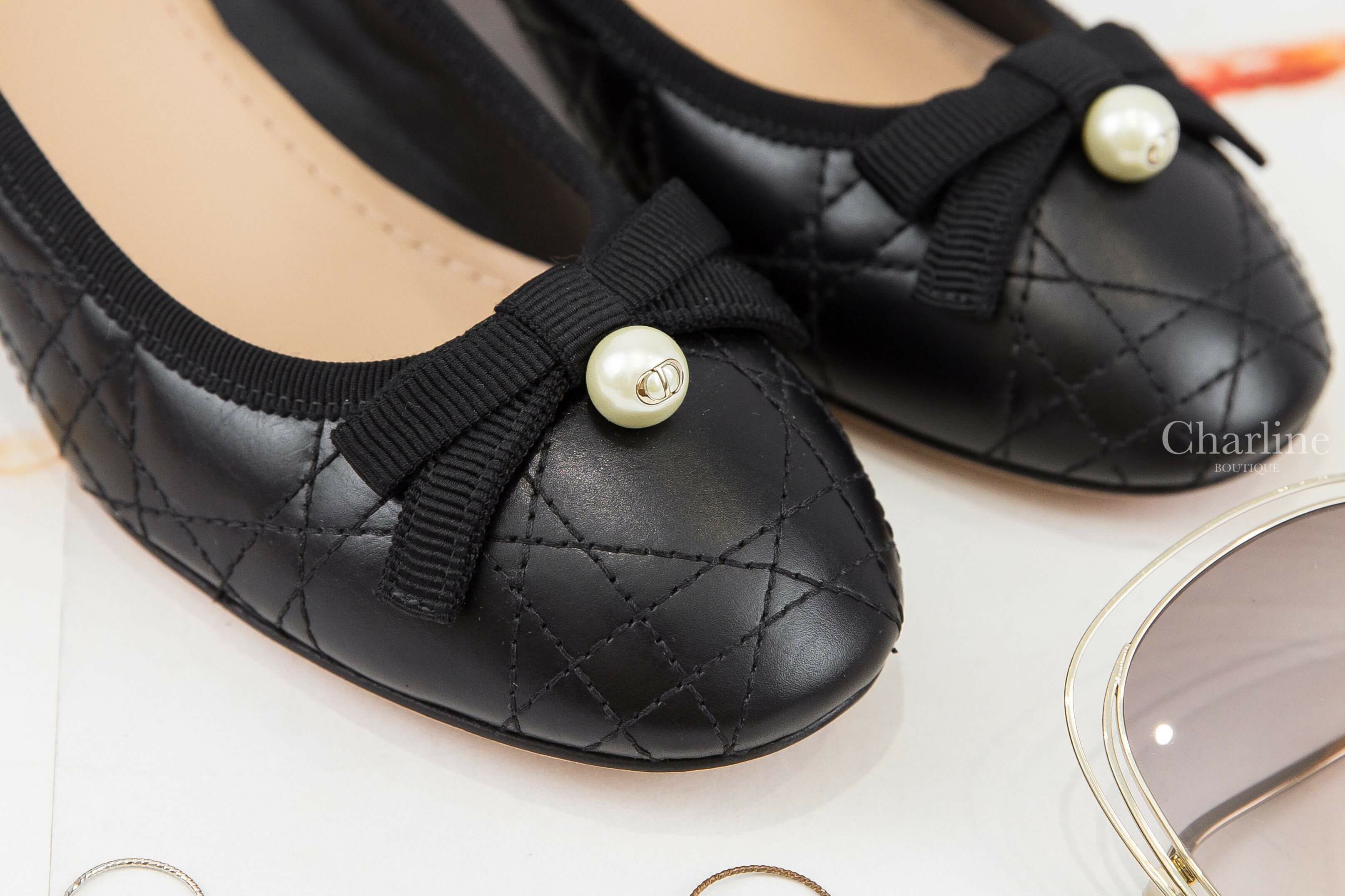 Dior Dior Ballet Pump 黑色小牛皮藤格紋蝴蝶結金CD珍珠粗跟芭蕾舞鞋