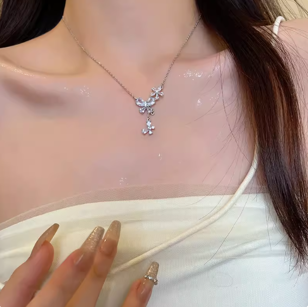 Exquisite Cubic Zirconia Butterfly Tassel Necklace