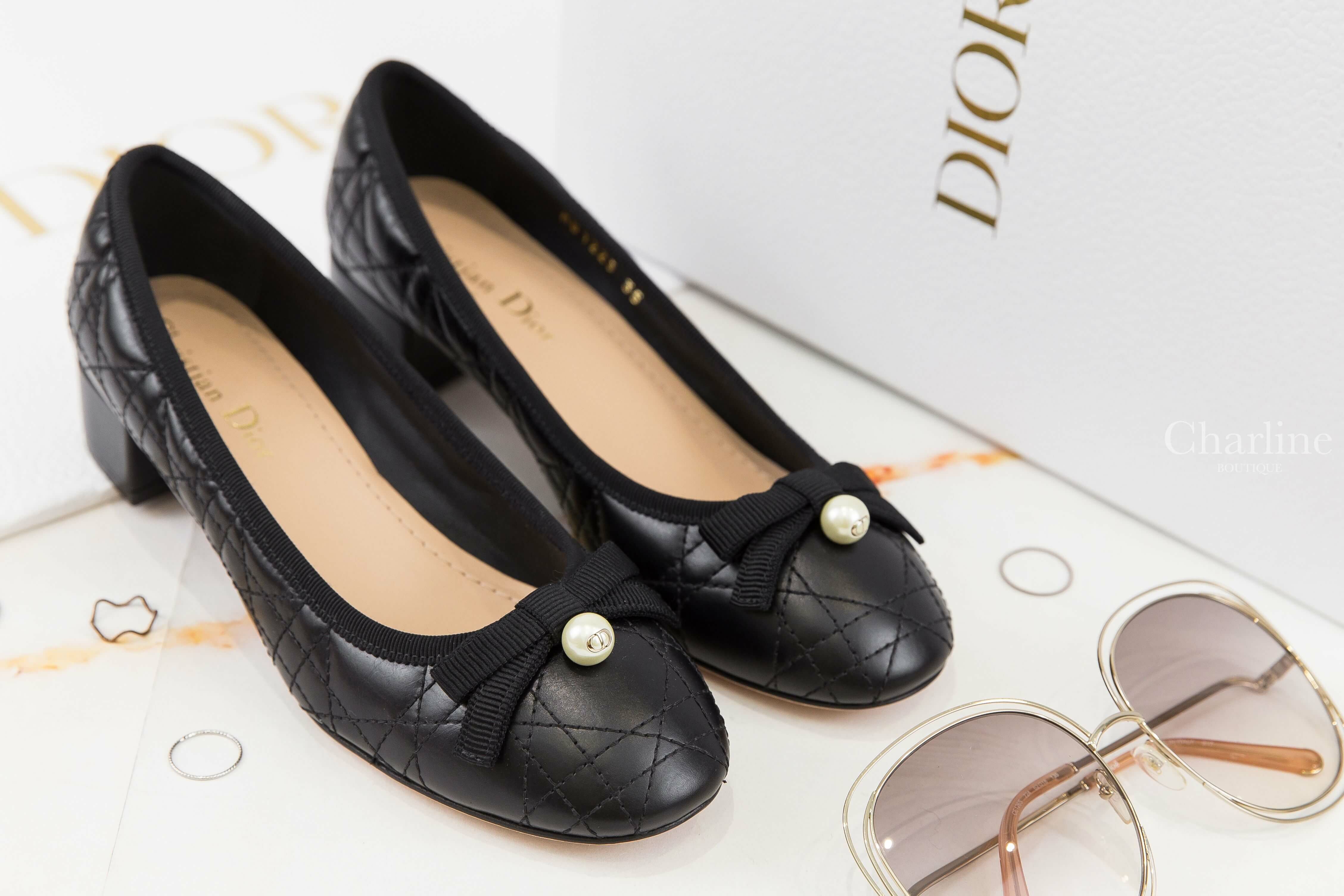Dior Dior Ballet Pump 黑色小牛皮藤格紋蝴蝶結金CD珍珠粗跟芭蕾舞鞋