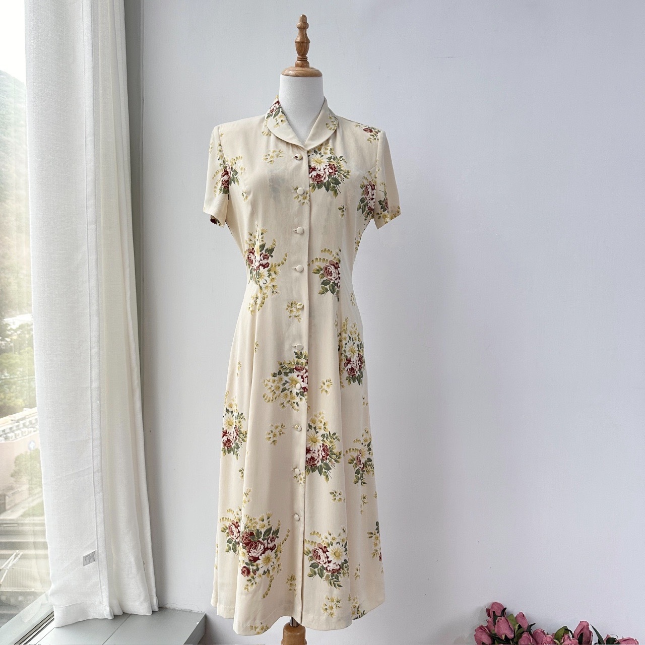 日本製奶油黃色牡丹花修腰連身裙