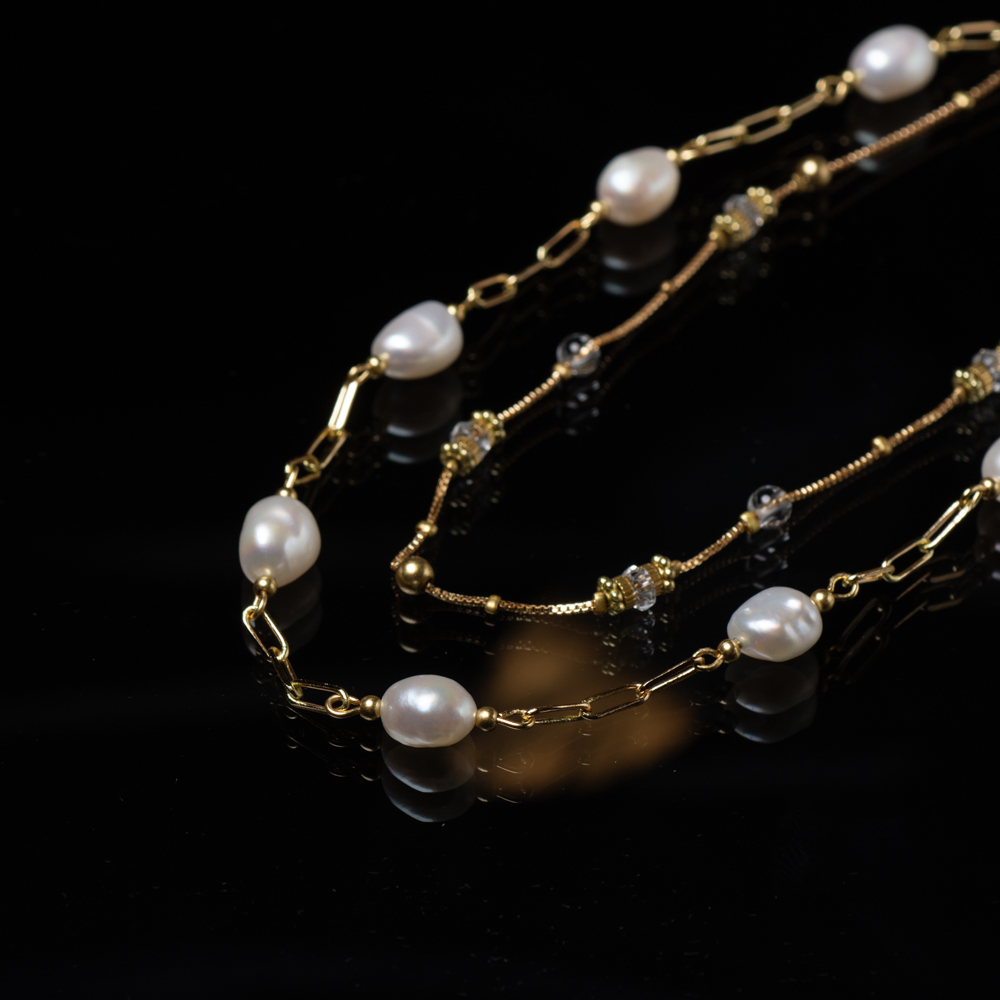 情迷凡爾賽｜珍珠白水晶黃銅項鍊 N0027