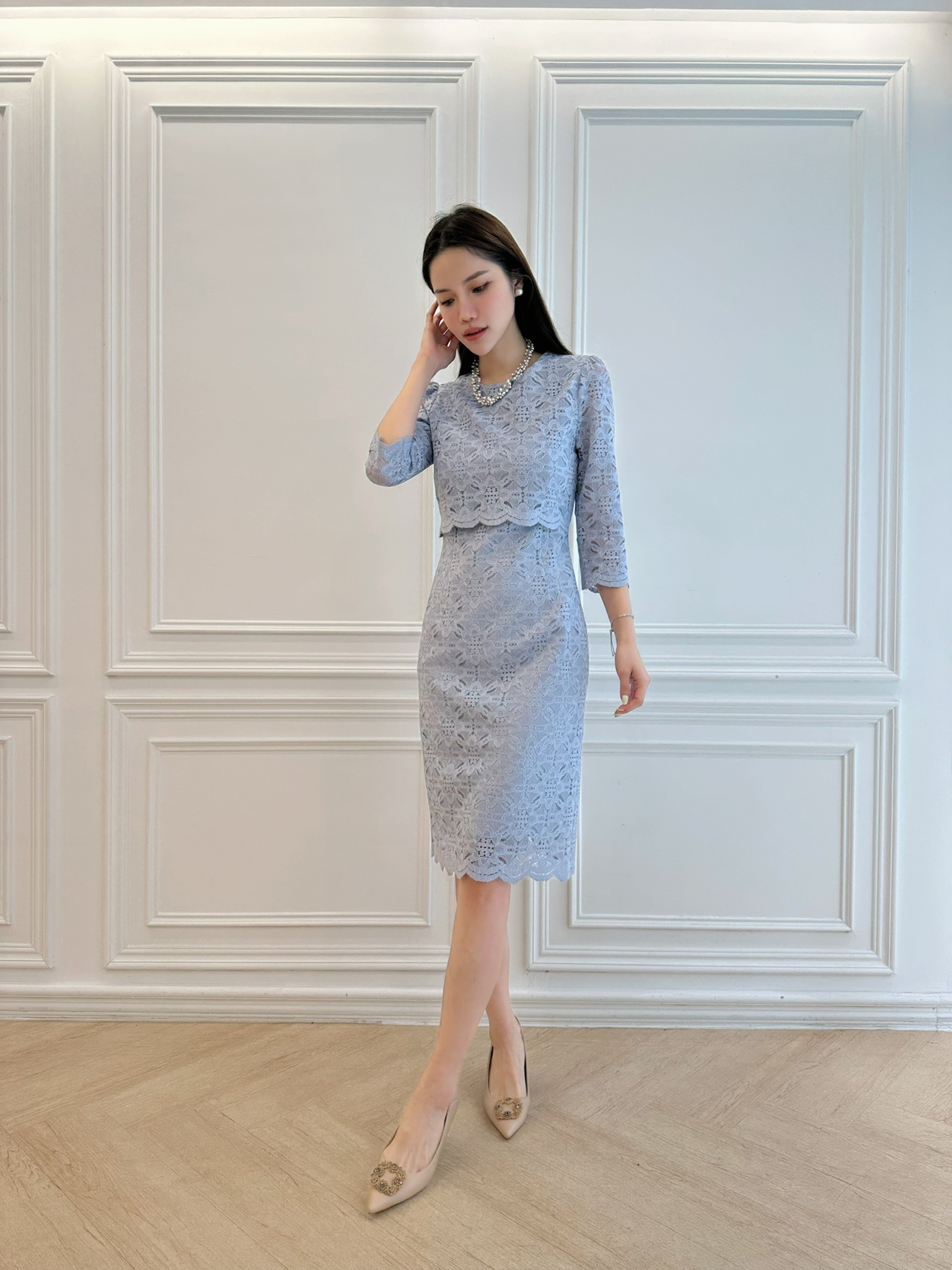 七分袖雙層蕾絲洋裝