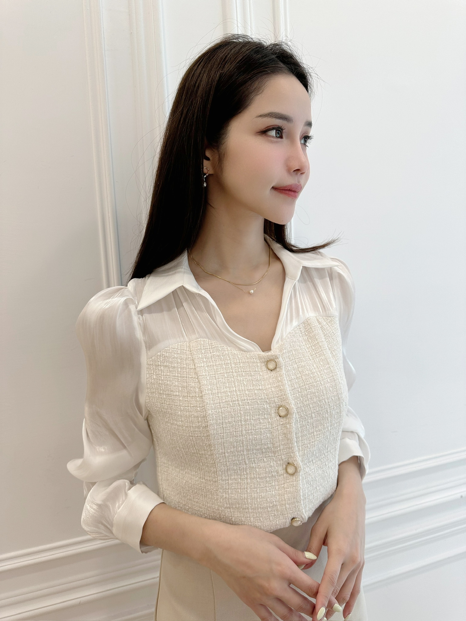 織紋拼接馬甲長袖上衣