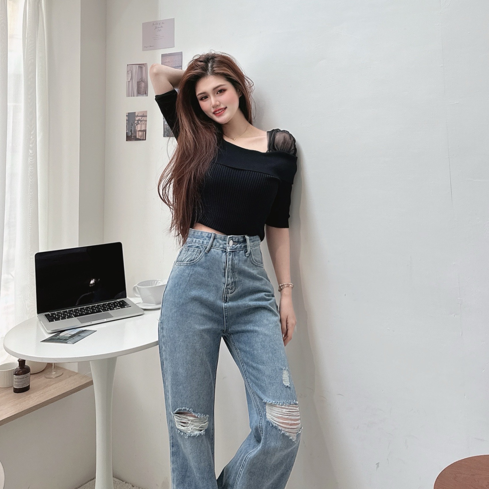 蕾絲透膚拼接針織上衣/四色