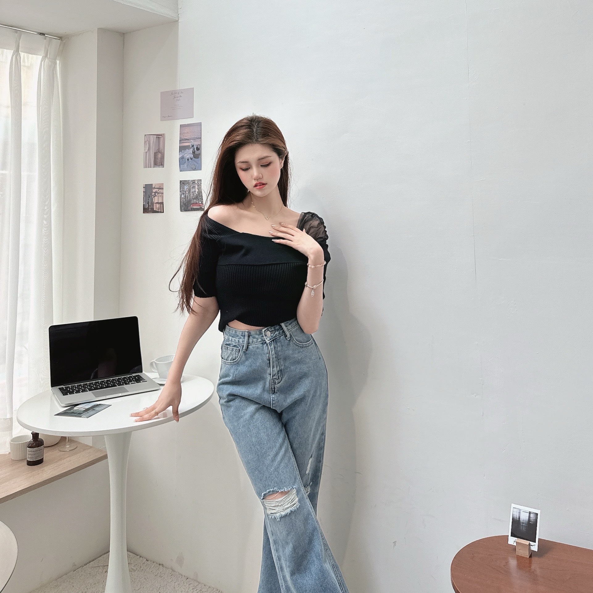 蕾絲透膚拼接針織上衣/四色