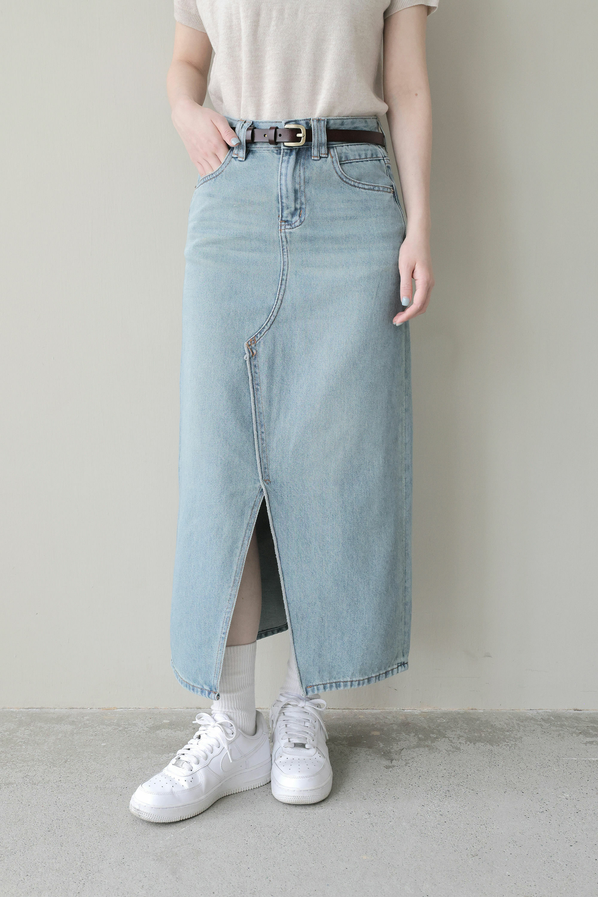 前開衩刷色高腰牛仔長裙(YKK拉鍊）