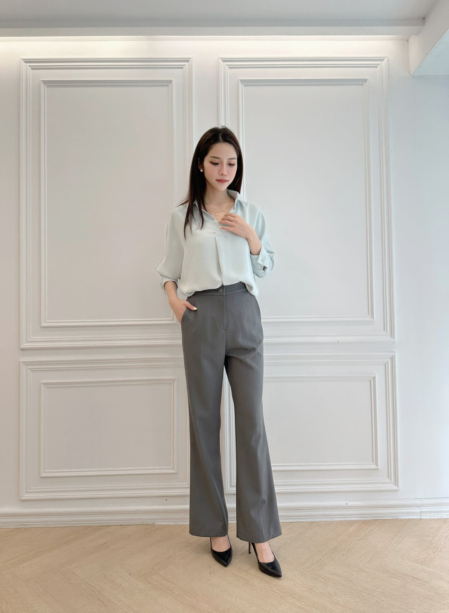 鬆緊腰圍織紋窄腳西褲