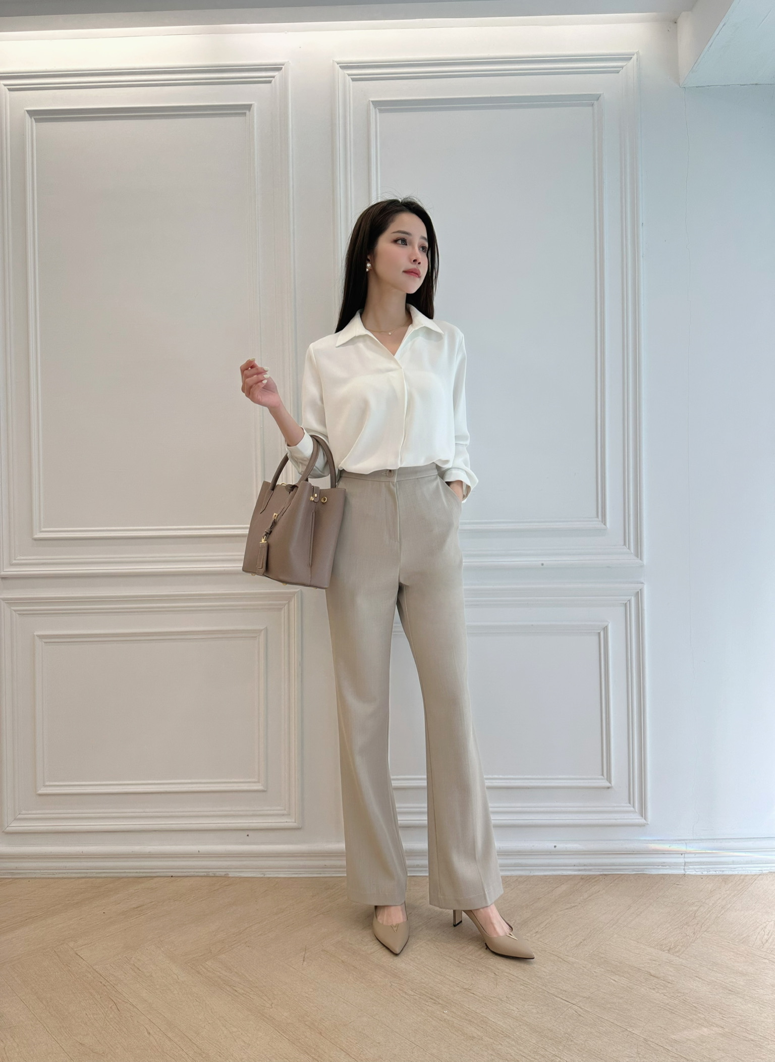 鬆緊腰圍織紋窄腳西褲