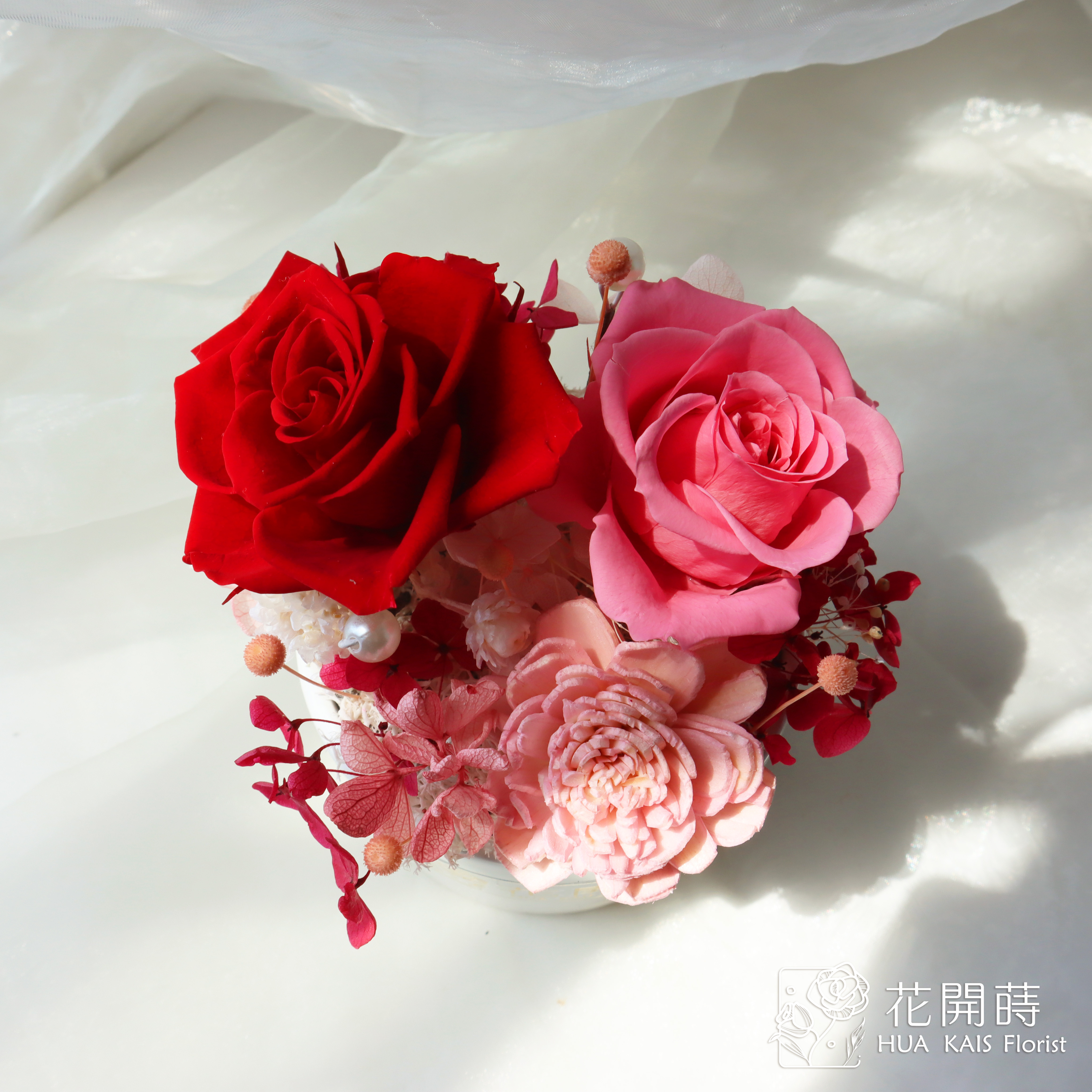 永生玫瑰小桌花|紅粉珍珠|開幕小盆栽|生日禮物|辦公桌小盆花|畢業花禮|小資花禮