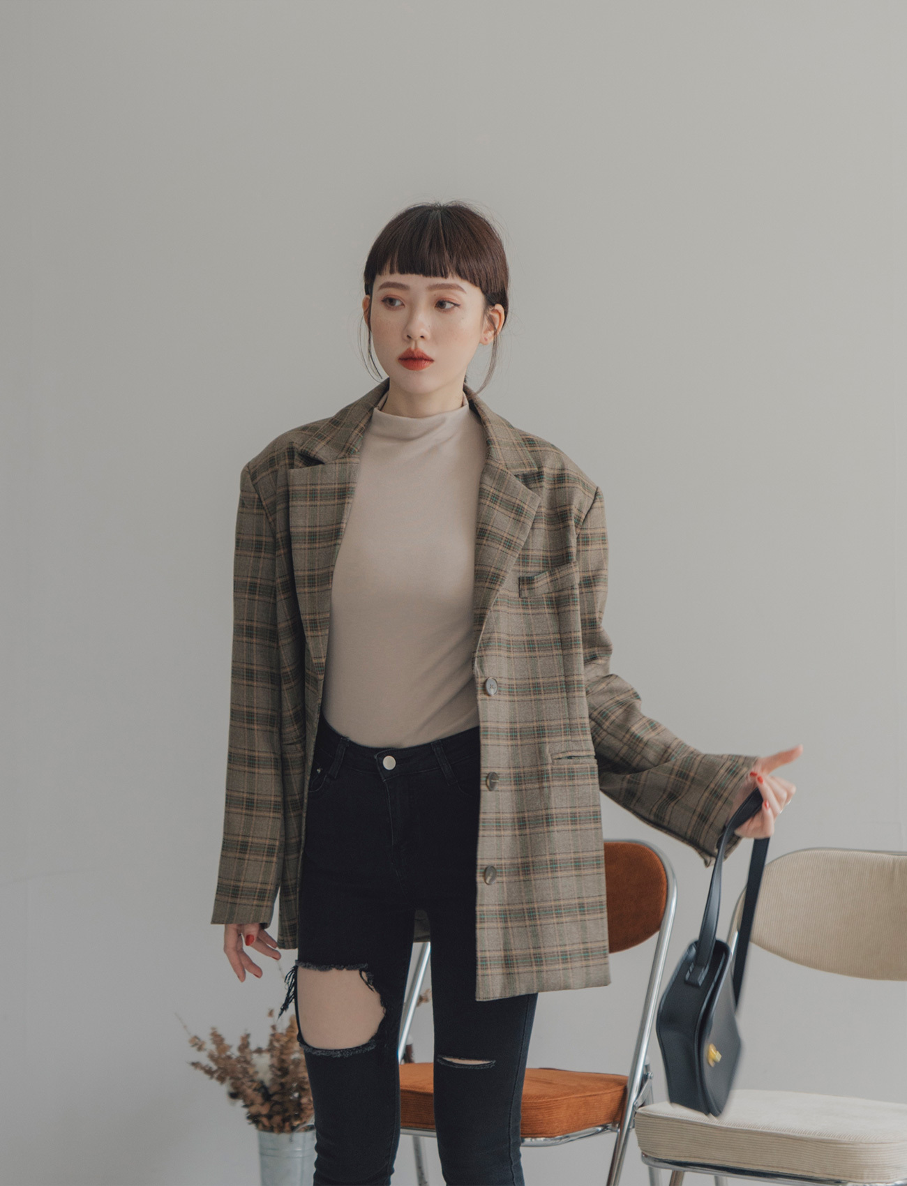 格紋排釦西裝外套