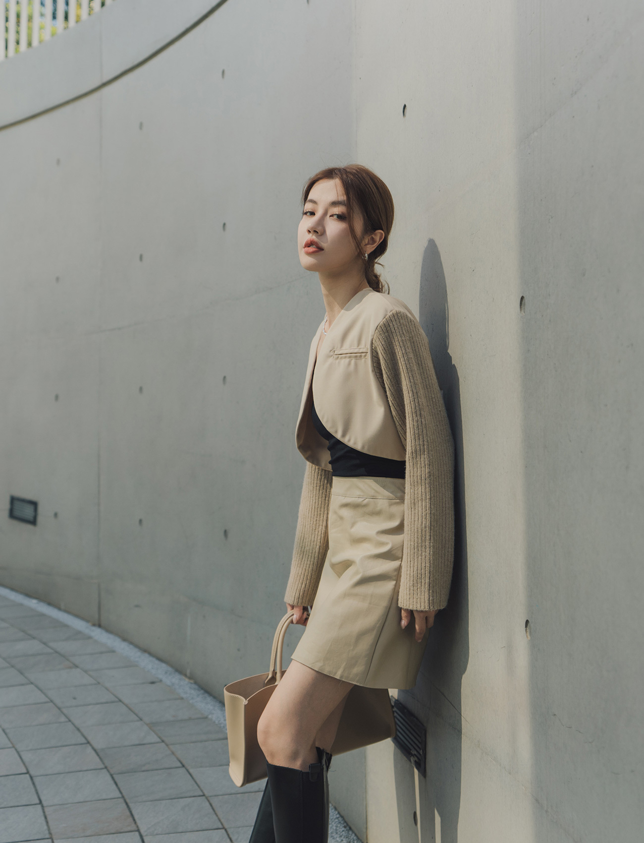 拼接材質短外套