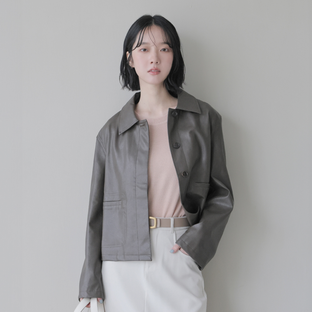 寬版造型口袋皮外套