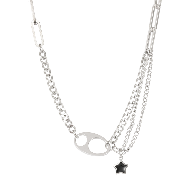 白鋼項鍊，女士項鍊 黑色五角星綴飾；多鍊型串接混搭 展現不羈風格（3691）