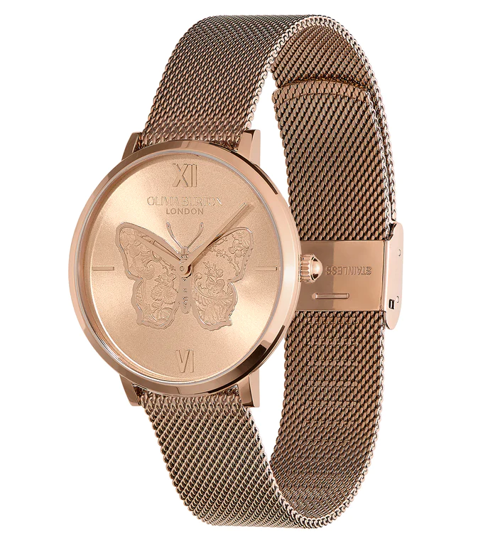 萬年鐘錶 -  Olivia Burton  藝術時尚  Ladies Signature Butterfly  蝴蝶雕花玫瑰金不鏽鋼米蘭錶帶女錶 24000148 錶徑35MM