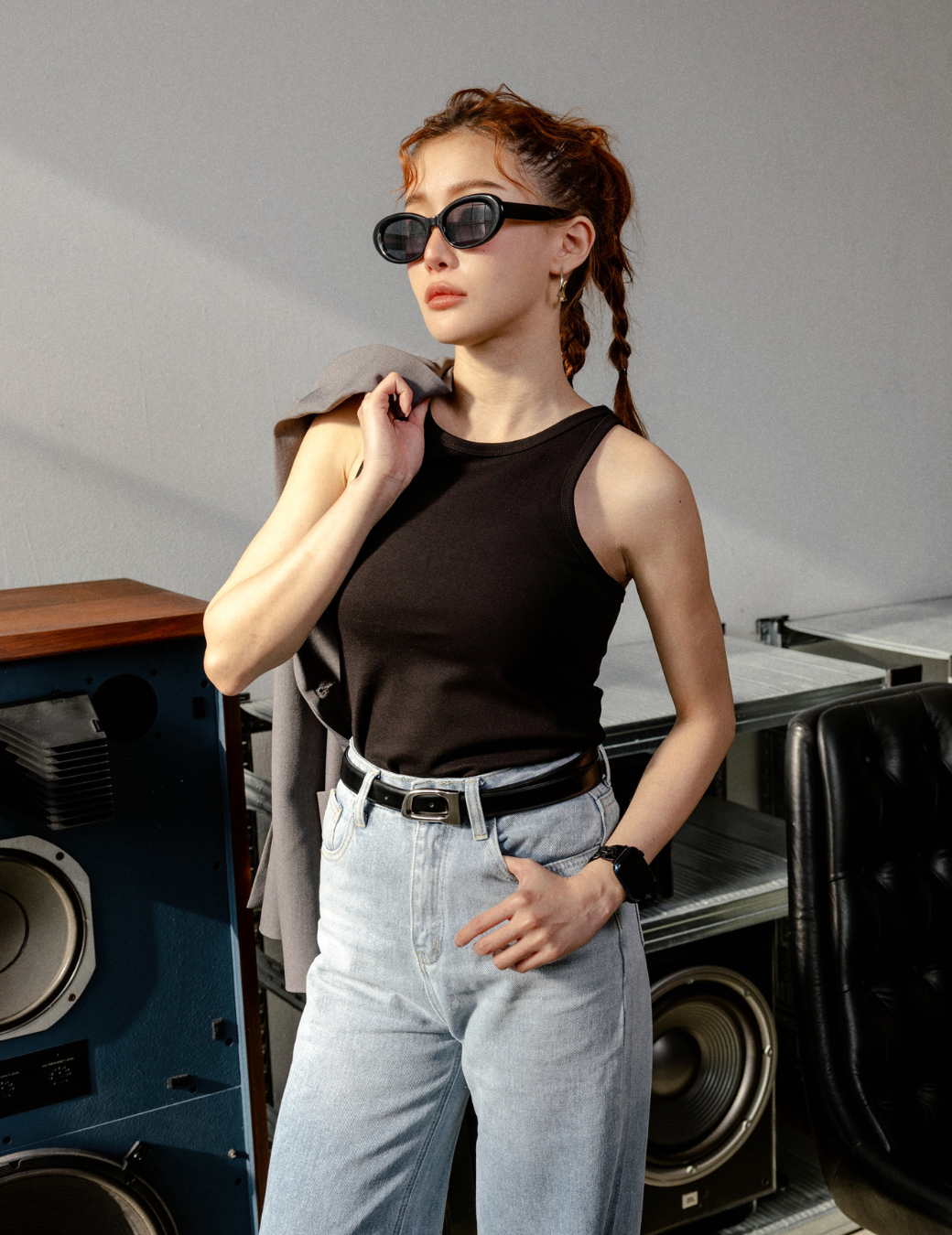 簡約削肩挖背背心（黑色/3尺寸）