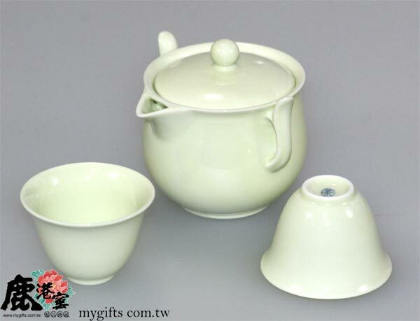 鹿港窯禮品館│青白釉 側壺茶具組-一壺二杯 禮盒