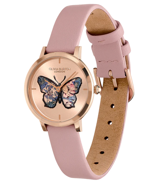 萬年鐘錶 -  Olivia Burton  藝術時尚  蝴蝶雕花玫瑰金粉色皮革款女錶 24000126 錶徑28MM