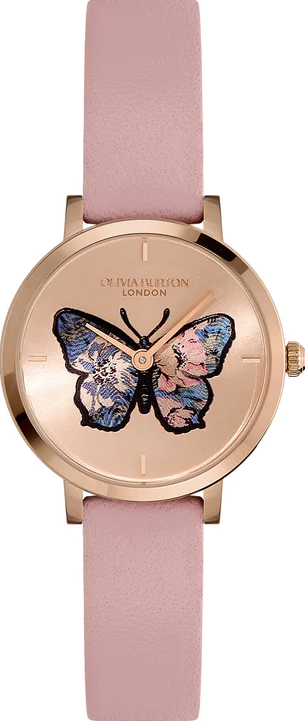 萬年鐘錶 -  Olivia Burton  藝術時尚  蝴蝶雕花玫瑰金粉色皮革款女錶 24000126 錶徑28MM
