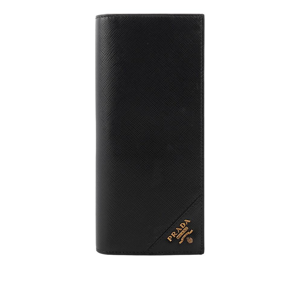 【PRADA】金色浮雕Logo 防刮牛皮二折長夾(黑色) 2MV836 QME F0632
