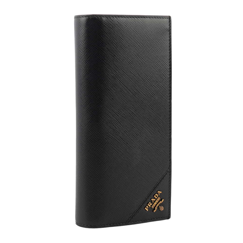 【PRADA】金色浮雕Logo 防刮牛皮二折長夾(黑色) 2MV836 QME F0632