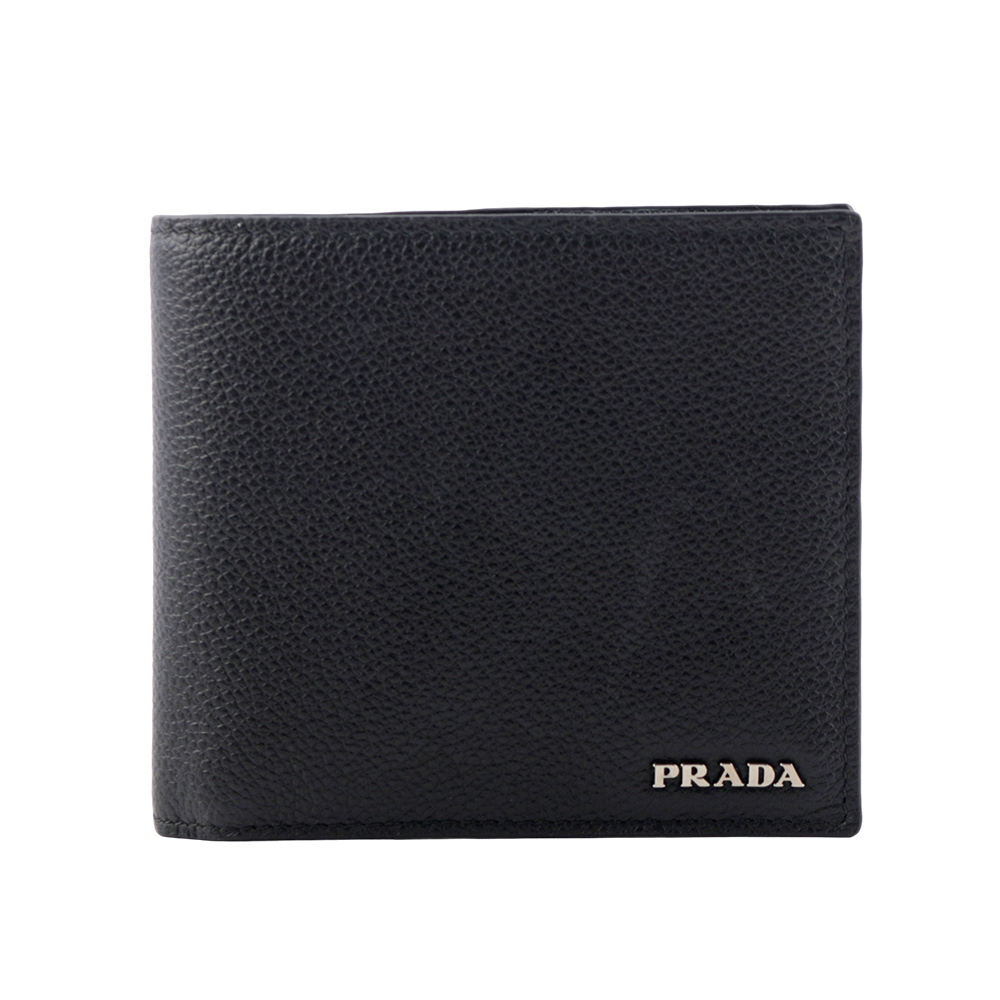 【Prada】銀字Logo 粒紋牛皮對開8卡短夾