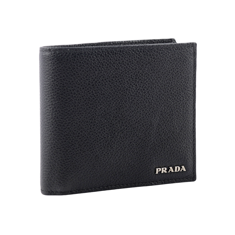【Prada】銀字Logo 粒紋牛皮對開8卡短夾