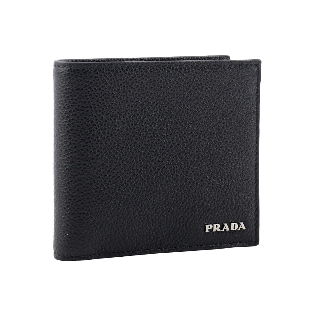 【PRADA】銀字Logo 粒紋牛皮對開零錢袋短夾