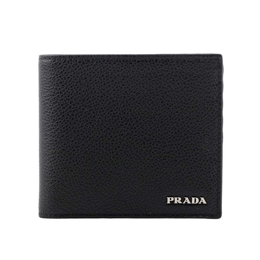 【PRADA】銀字Logo 粒紋牛皮對開零錢袋短夾(黑色) 2MO738 2CGS F0002