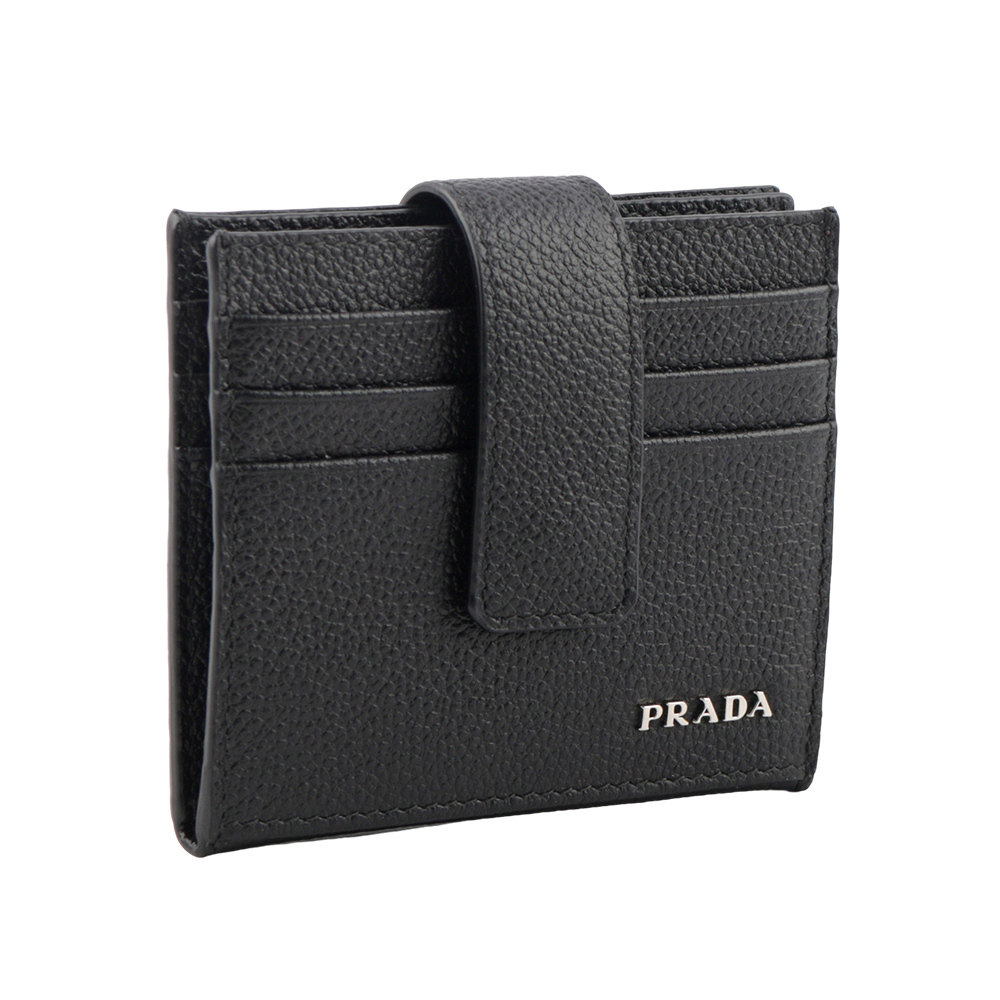 【PRADA】銀字Logo 粒紋牛皮釦式二折卡片夾/名片夾(黑色) 2MC049 2CGS F0002