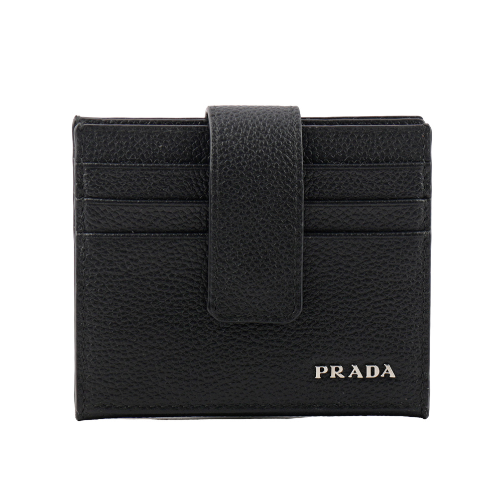 【PRADA】銀字Logo 粒紋牛皮釦式二折卡片夾/名片夾(黑色) 2MC049 2CGS F0002