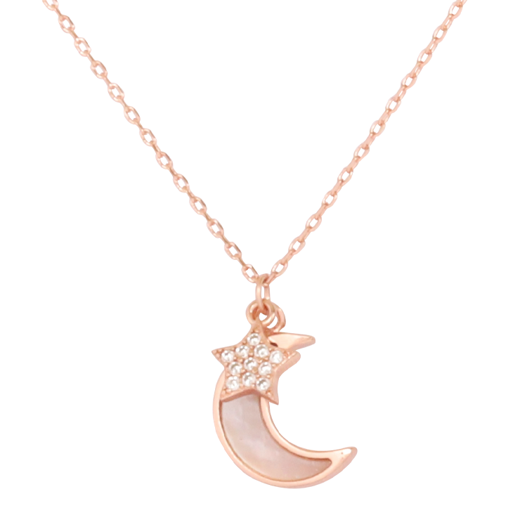 新品-純銀項鍊，女士項鍊 月亮貝殼 滿鋯星型墜飾；象徵希望幸福和夢想（3697玫瑰金）